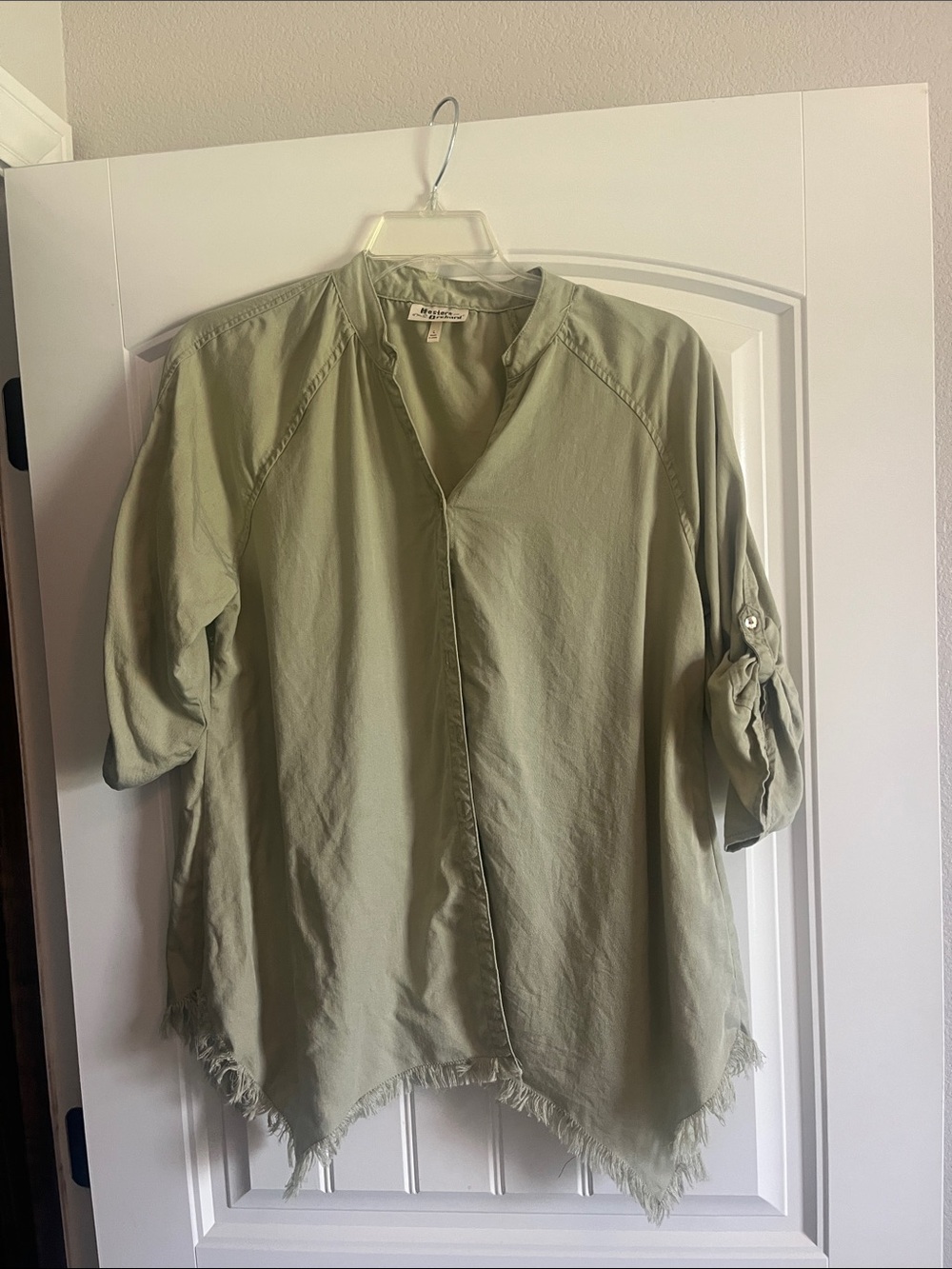 Hester and Orchard Light Olive Green Frayed Hem V-Neck Tunic